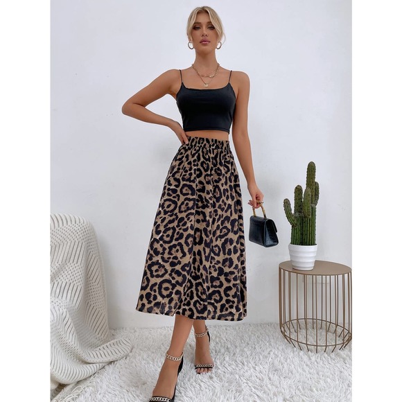 Leopard Print High Waist midi Skirt Minimalist Business Casual - Picture 3 of 7